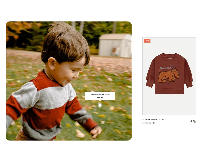 Kids fashion site — boy in brown sweater product page