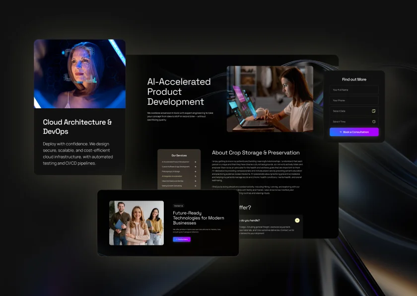 AI product site — AI-Accelerated Product Development dark homepage