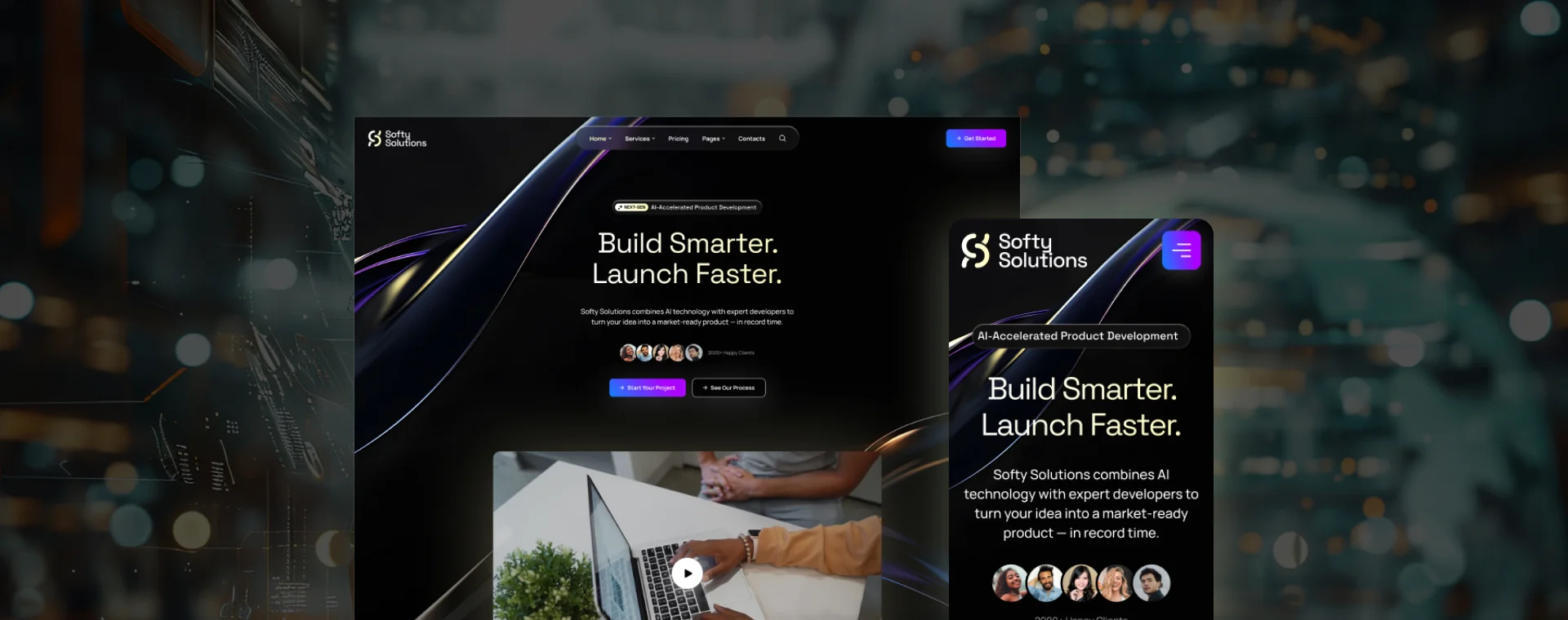 SaaS site — desktop and mobile mockup side by side