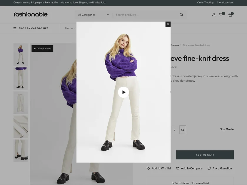 Fashion site — woman in purple oversized sweater product page