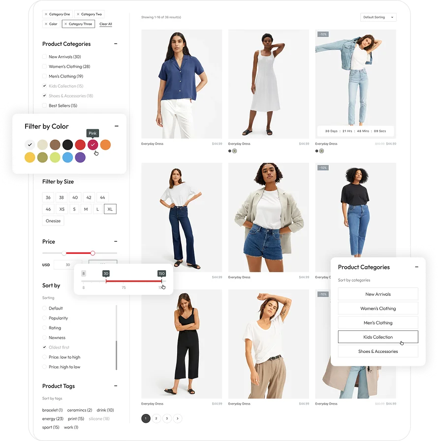Apparel store — product grid with color filter sidebar