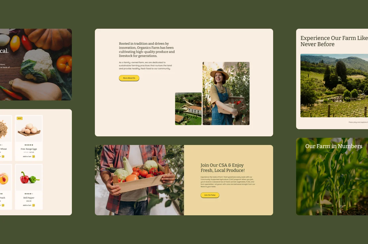 Farm produce site — green homepage with crop preservation section