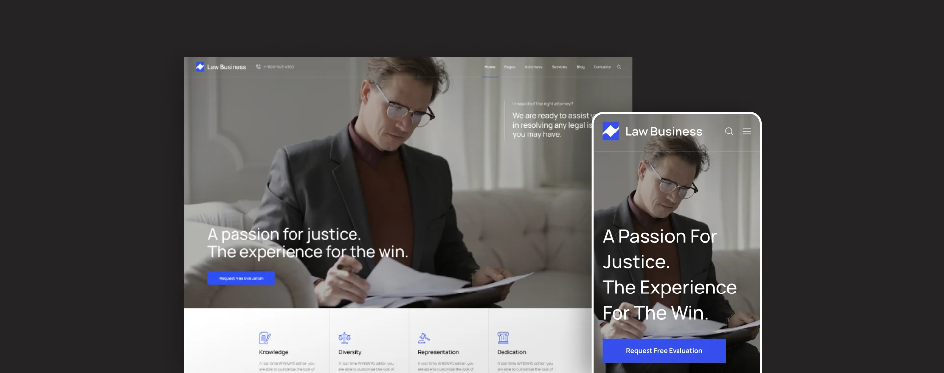 Law firm WordPress website - desktop and mobile mockup