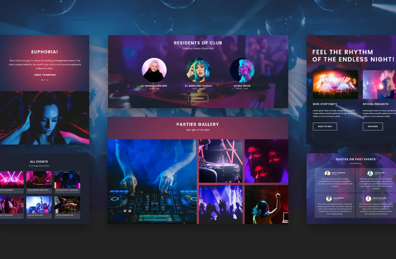 Club event WordPress website - dark homepage with DJ lineup