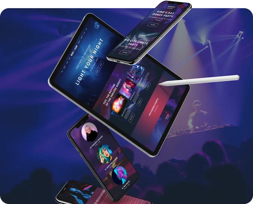 Nightclub website mobile and tablet dark UI preview