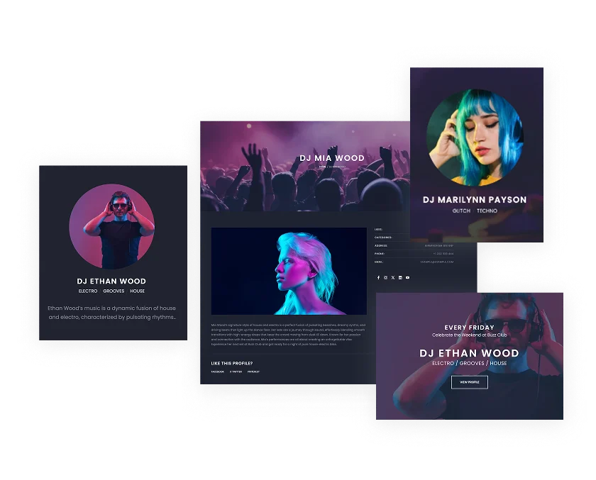Club WordPress website - DJ artist page with neon visuals