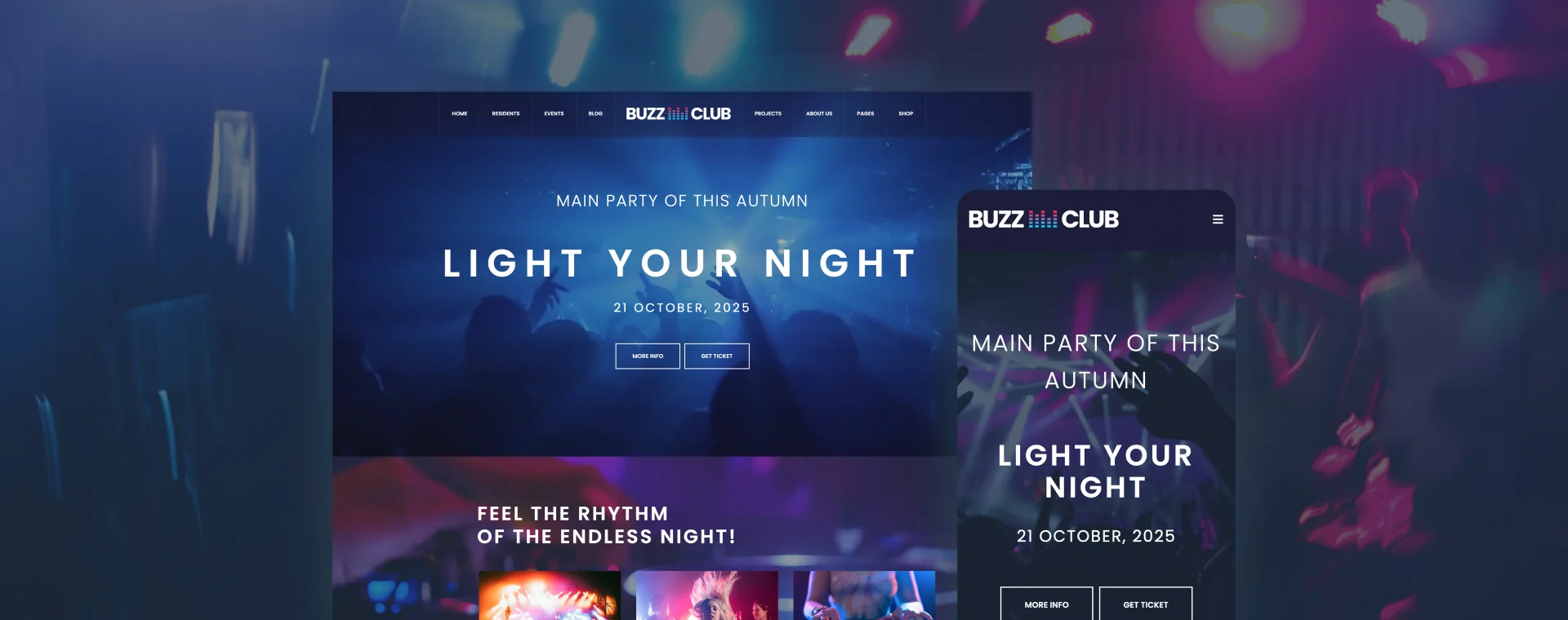 Night Club WordPress website - event schedule dark layout