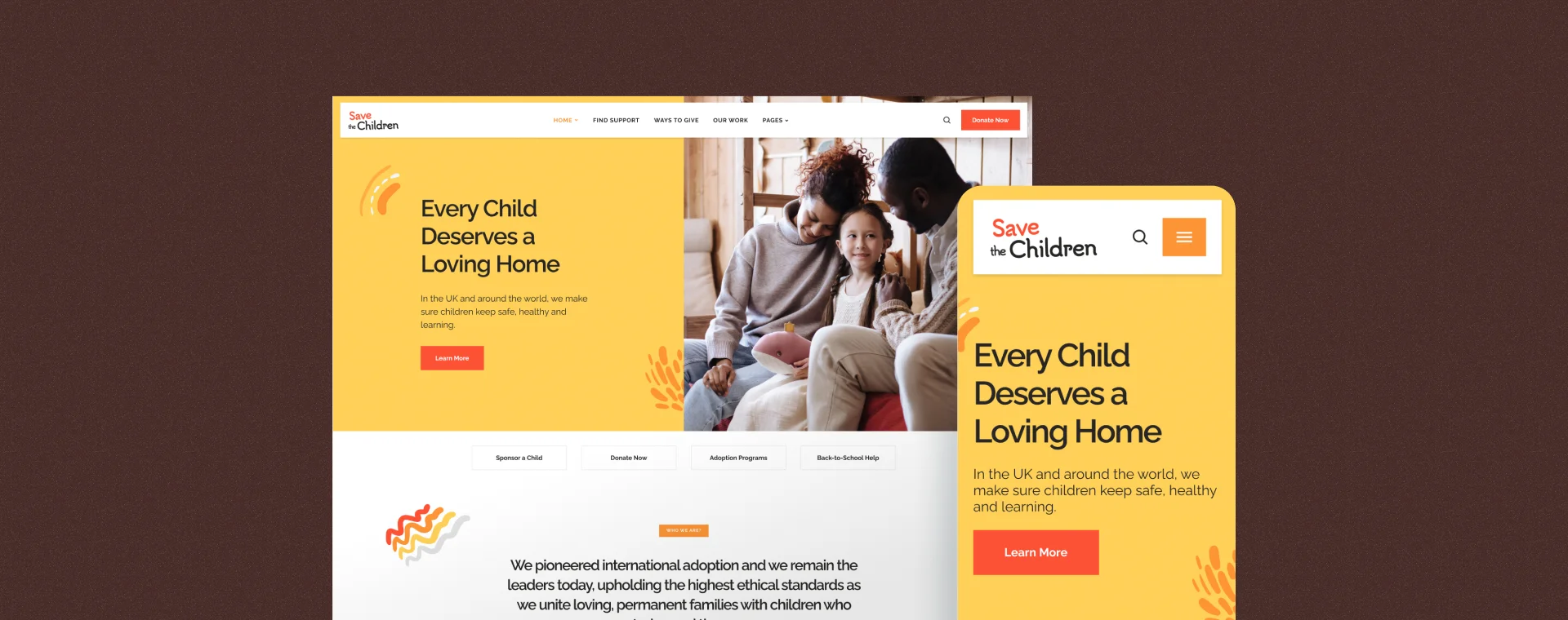 Children's charity website - family and donation page layout