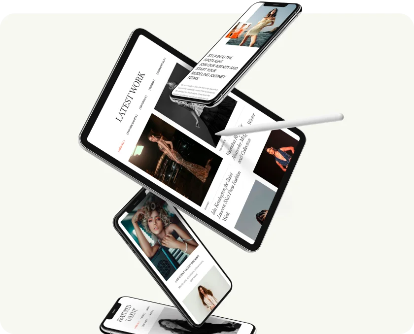 Model agency site — mobile and tablet responsive layout