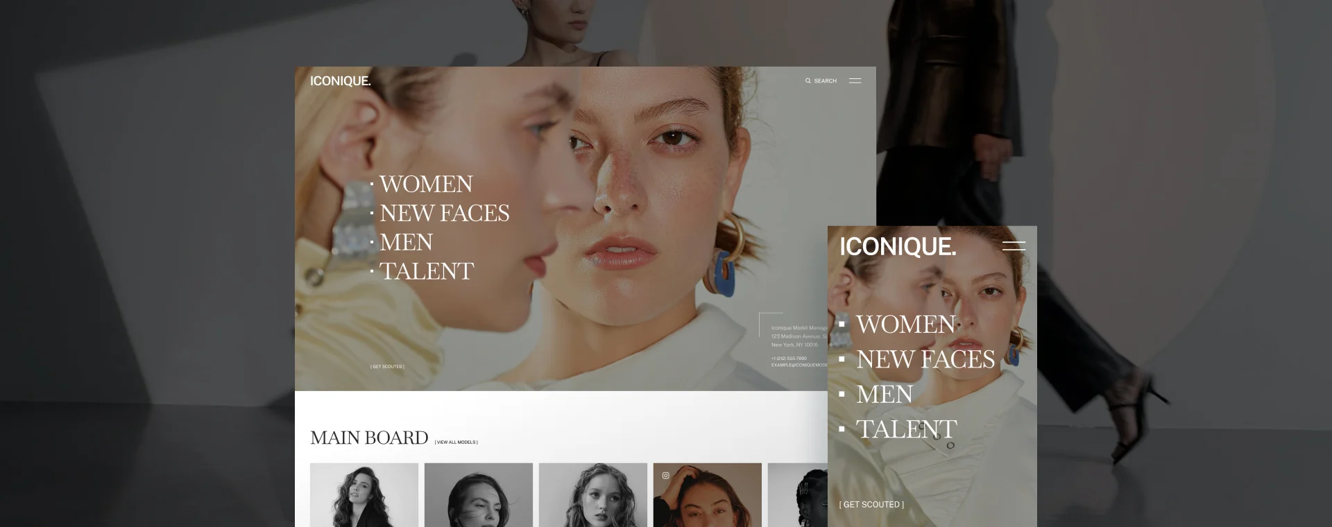 Fashion agency site — desktop and mobile view