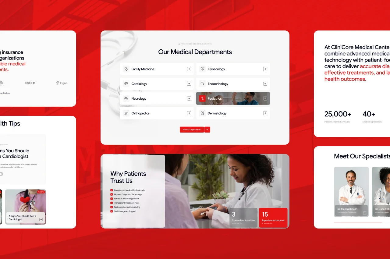 Hospital departments page — red and white clinical design