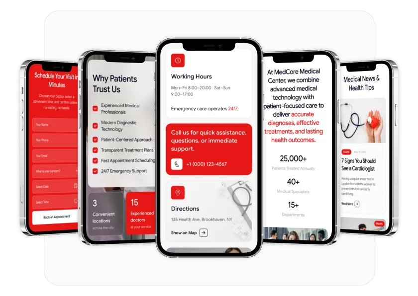 Clinic inner page — doctor team and working hours layout