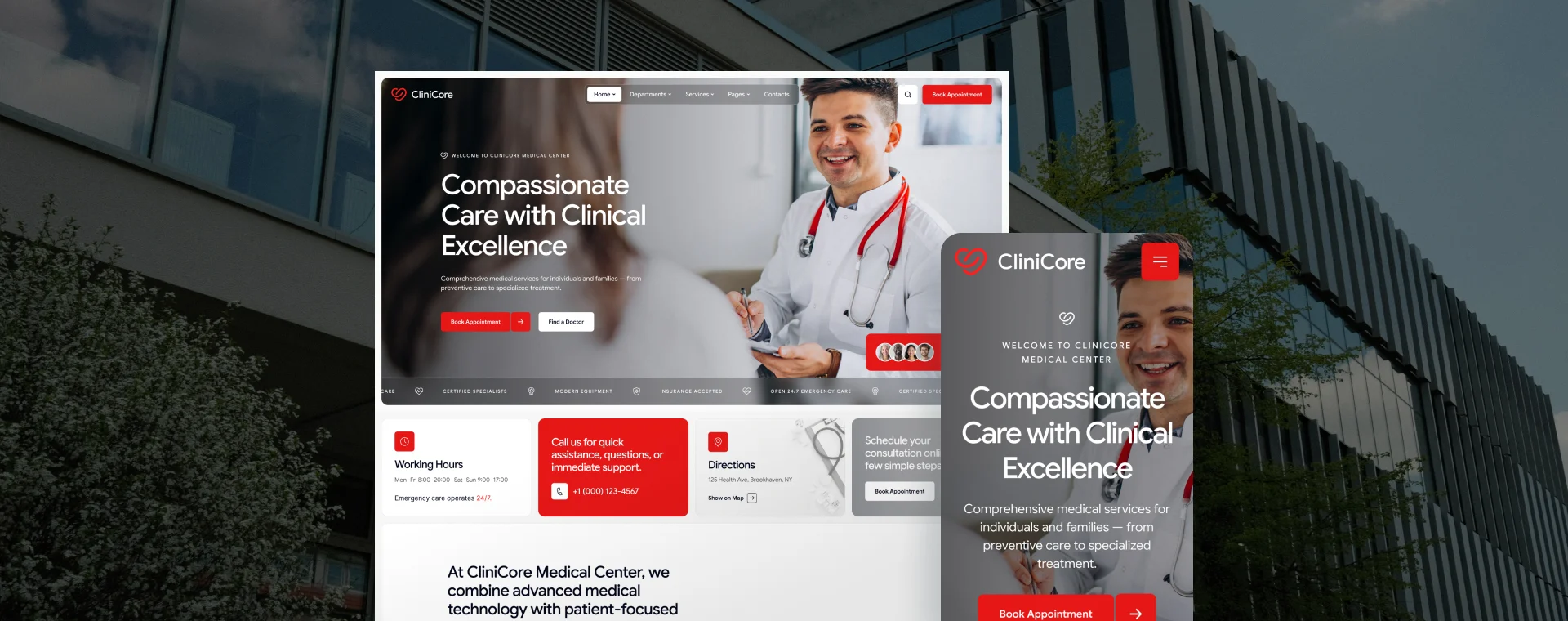 Clinic site — Compassionate Care mobile and desktop preview