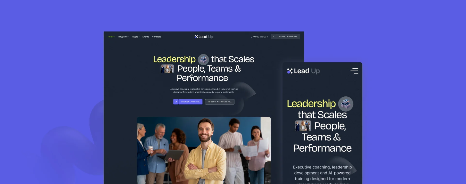 Leadership platform — desktop homepage dark layout